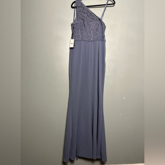 NWT Adrianna Papell One Shoulder Lace Crepe Gown Dusty Blue Women’s Size 8 - Picture 3 of 11